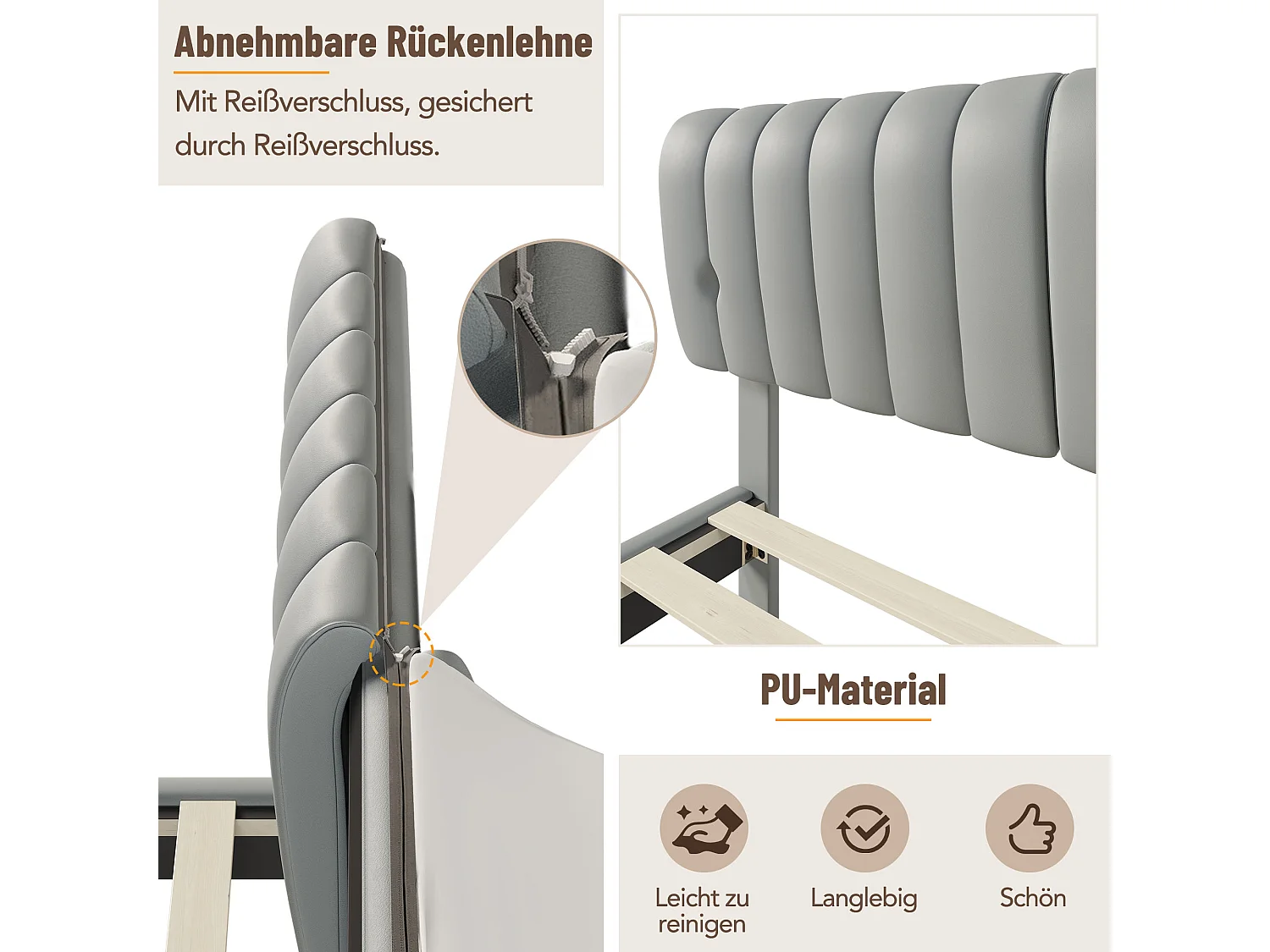 Gestoffeerd bed 180 x 200 cm met hoofdbord - PU-leer - Afneembare rugleuning - Grijs
