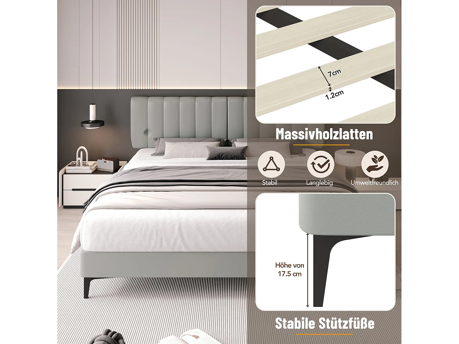 Gestoffeerd bed 180 x 200 cm met hoofdbord - PU-leer - Afneembare rugleuning - Grijs