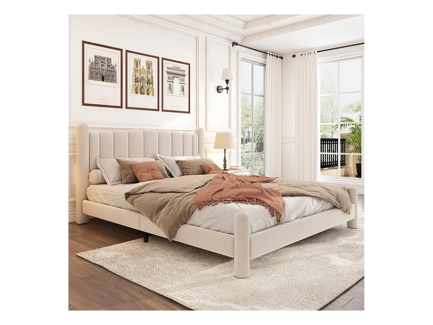 Polsterbett 160 x 200 cm mit Kopfteil – Samtbett für Erwachsene – Fächerform – Beige