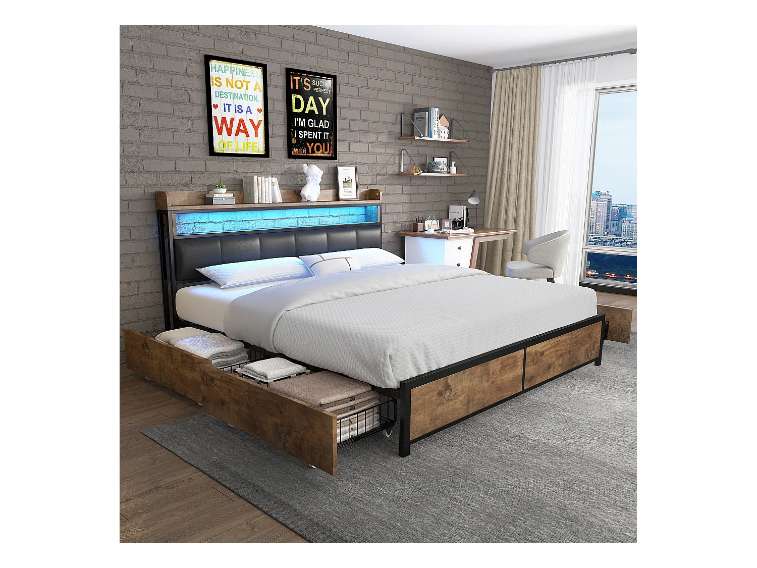 Lit capitonné 140 x 200 cm avec 4 tiroirs et tête de lit - LEDs - Métal, bois et cuir PU - Coloris noir et bois