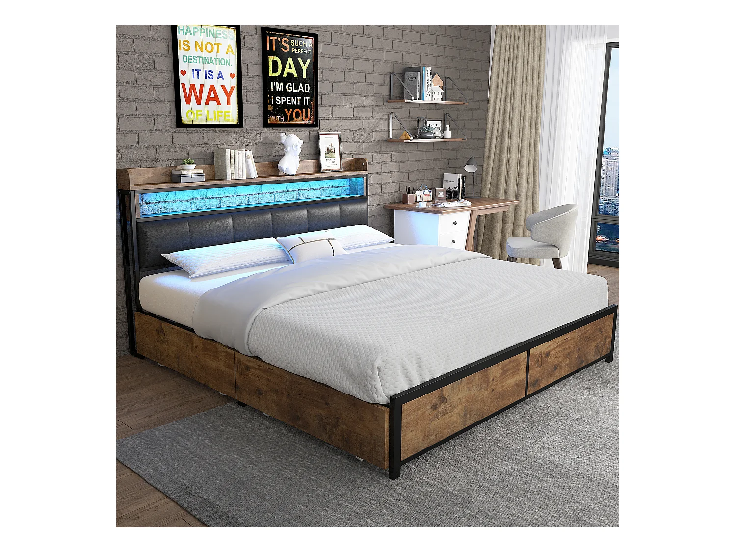 Gestoffeerd bed 140 x 200 cm met 4 lades en hoofdeinde - LED's - Metaal, hout en PU-leer - Zwart en houtkleur