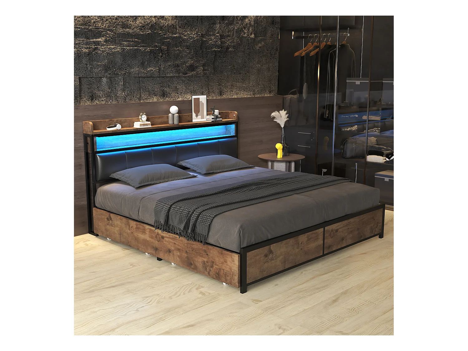 Gestoffeerd bed 140 x 200 cm met 4 lades en hoofdeinde - LED's - Metaal, hout en PU-leer - Zwart en houtkleur