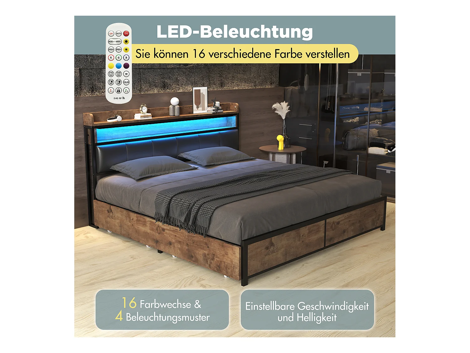 Gestoffeerd bed 140 x 200 cm met 4 lades en hoofdeinde - LED's - Metaal, hout en PU-leer - Zwart en houtkleur