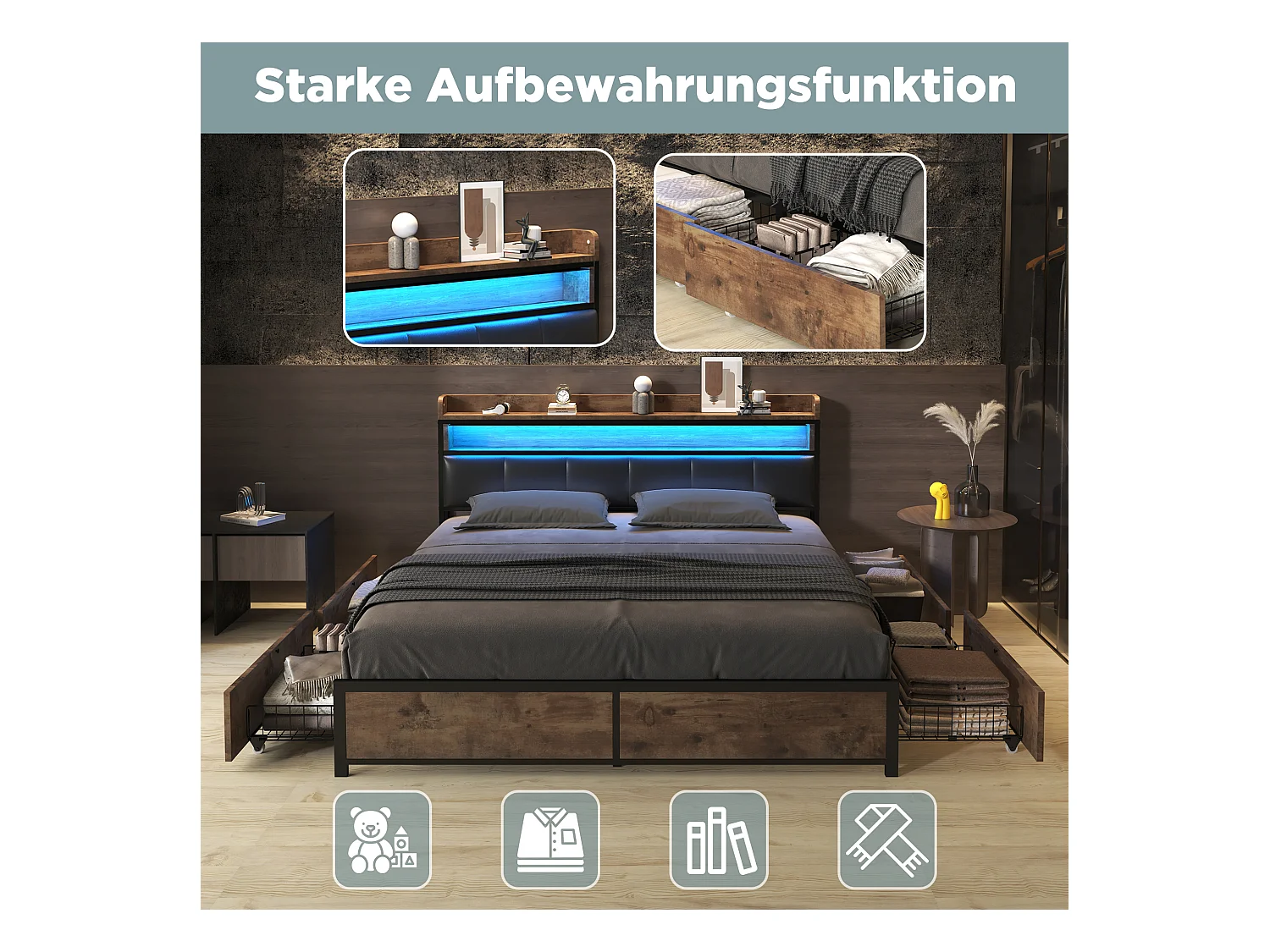 Gestoffeerd bed 140 x 200 cm met 4 lades en hoofdeinde - LED's - Metaal, hout en PU-leer - Zwart en houtkleur