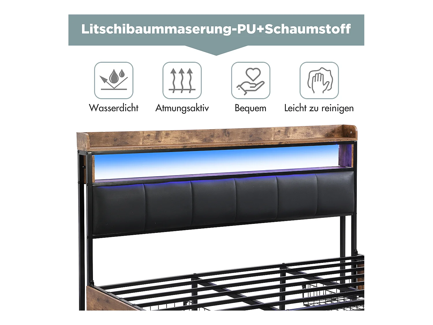 Gestoffeerd bed 140 x 200 cm met 4 lades en hoofdeinde - LED's - Metaal, hout en PU-leer - Zwart en houtkleur