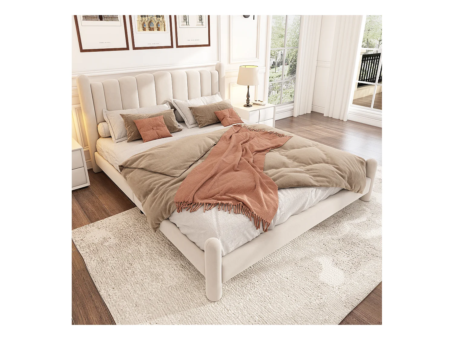 Lit capitonné 180 x 200 cm avec tête de lit - lit adulte en velours - forme d'éventail - beige
