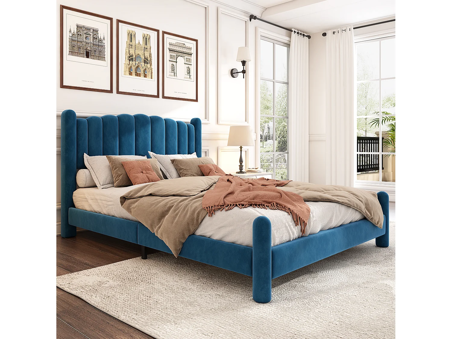 Lit capitonné 140 x 200 cm avec tête de lit - lit adulte en velours - forme d'éventail - bleu