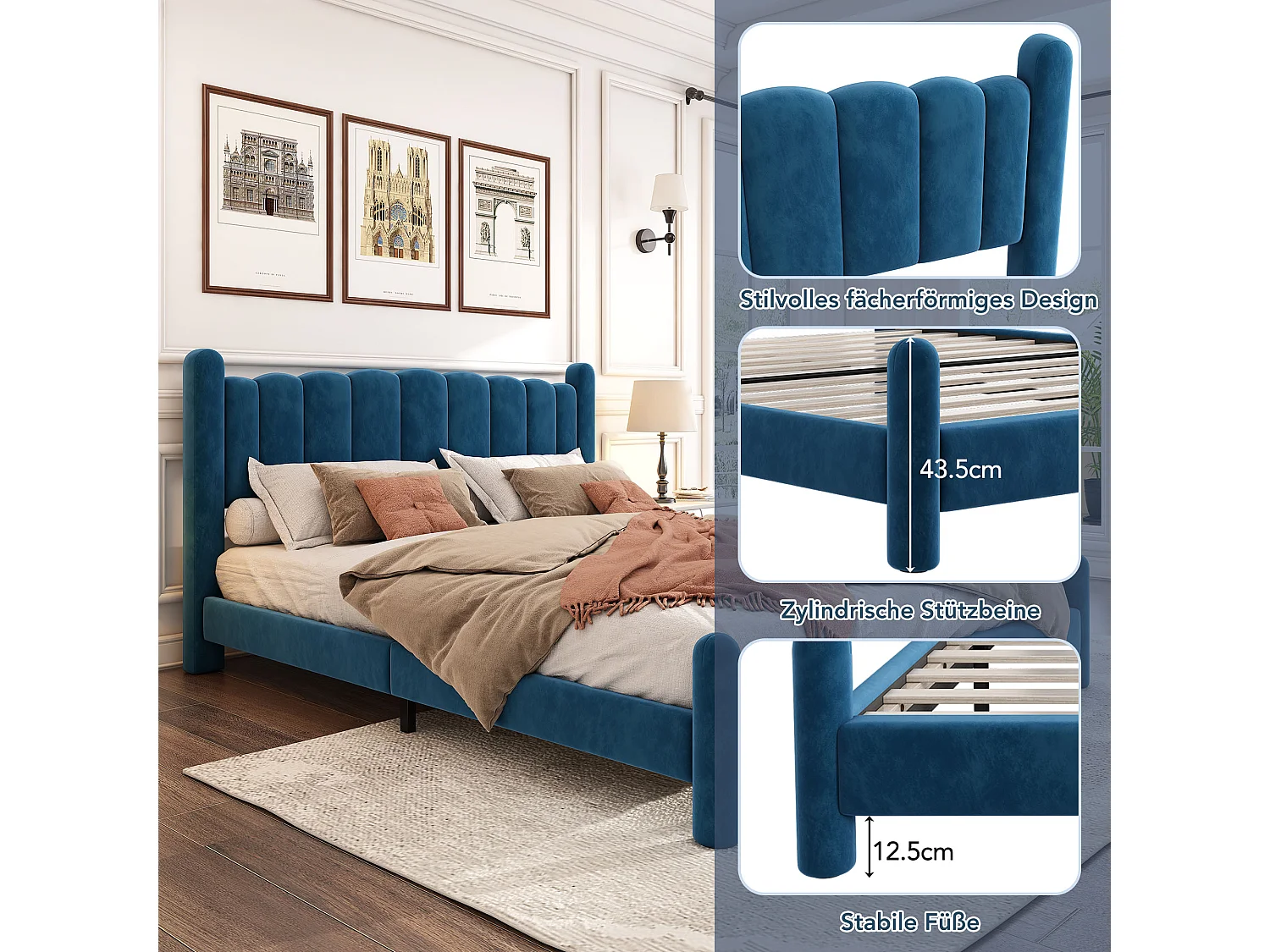 Lit capitonné 140 x 200 cm avec tête de lit - lit adulte en velours - forme d'éventail - bleu