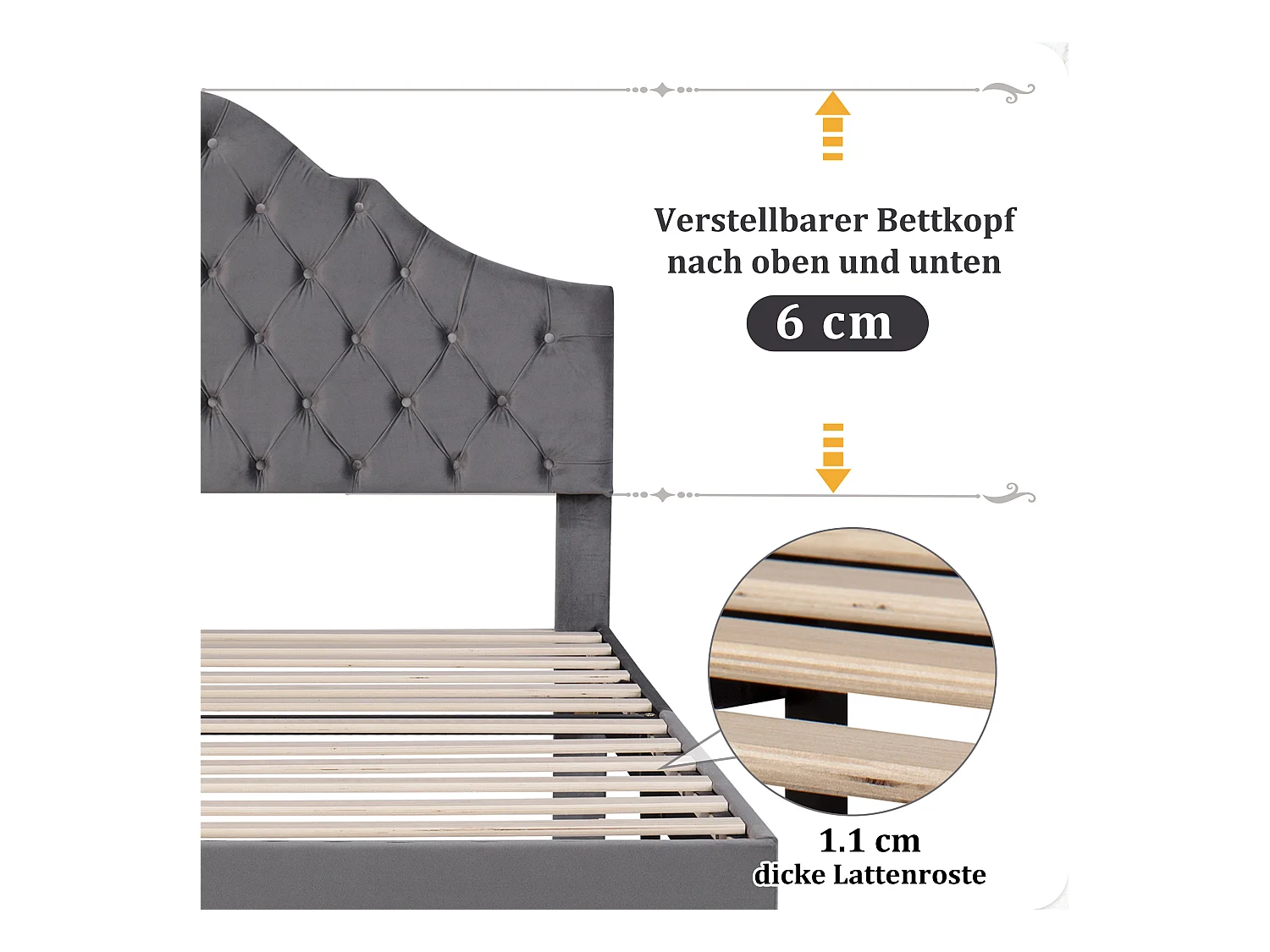 Polsterbett 90 x 200 cm mit verstellbarem Kopfteil – Samt – Farbe Grau