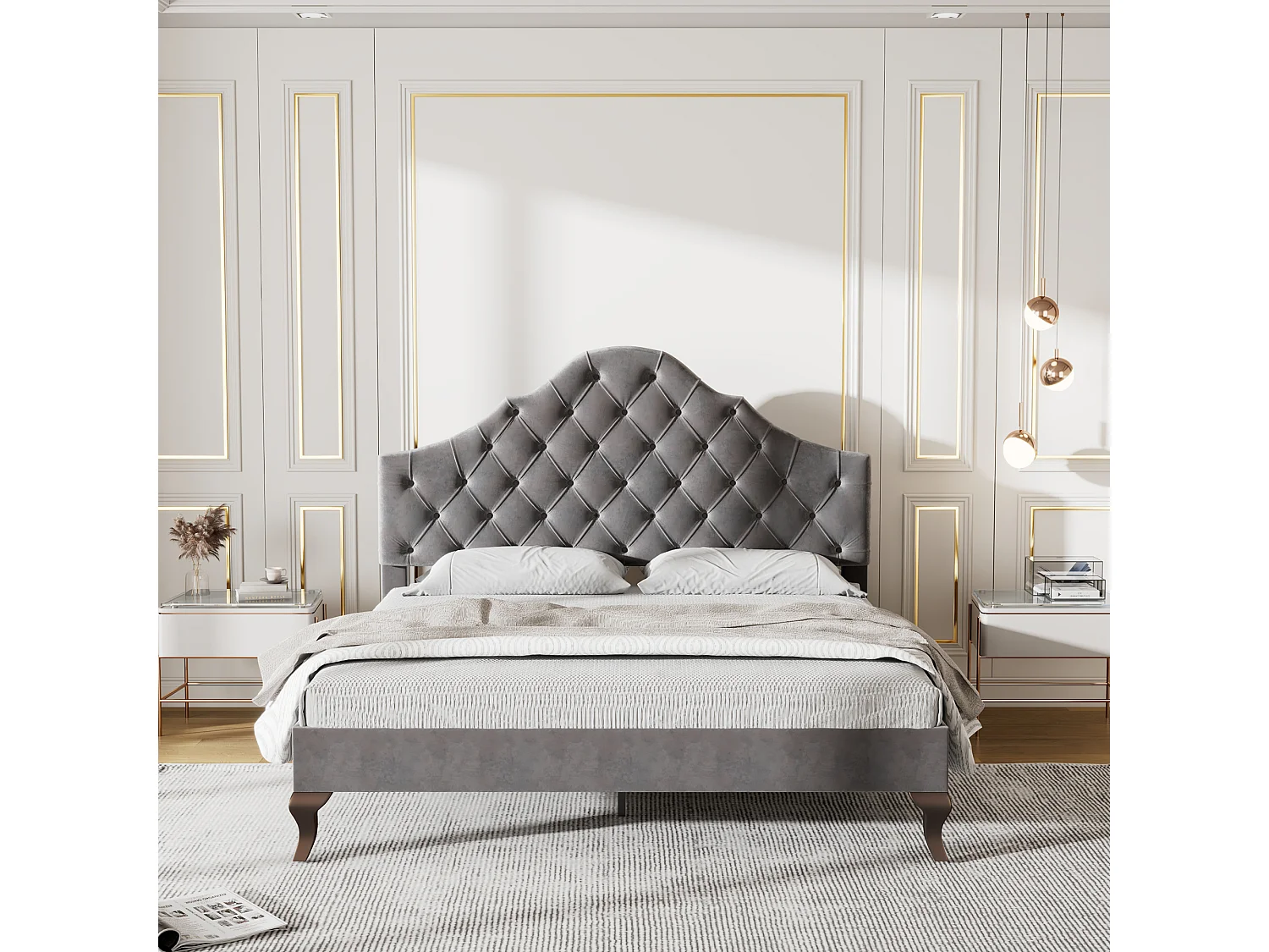 Lit capitonné 90 x 200 cm avec tête de lit réglable - Velours - Coloris gris