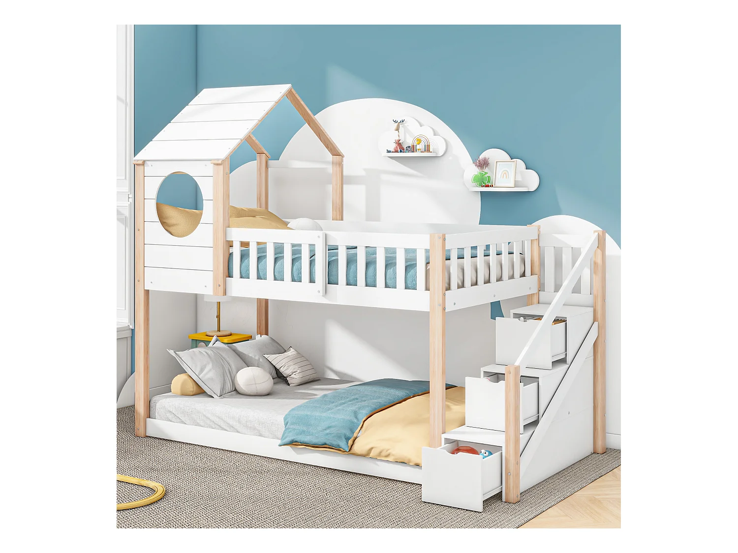 Stapelbedden 2 x 90 x 200 cm met 3 laden, cabinebed - grenenhout - lattenbodem - naturel + wit
