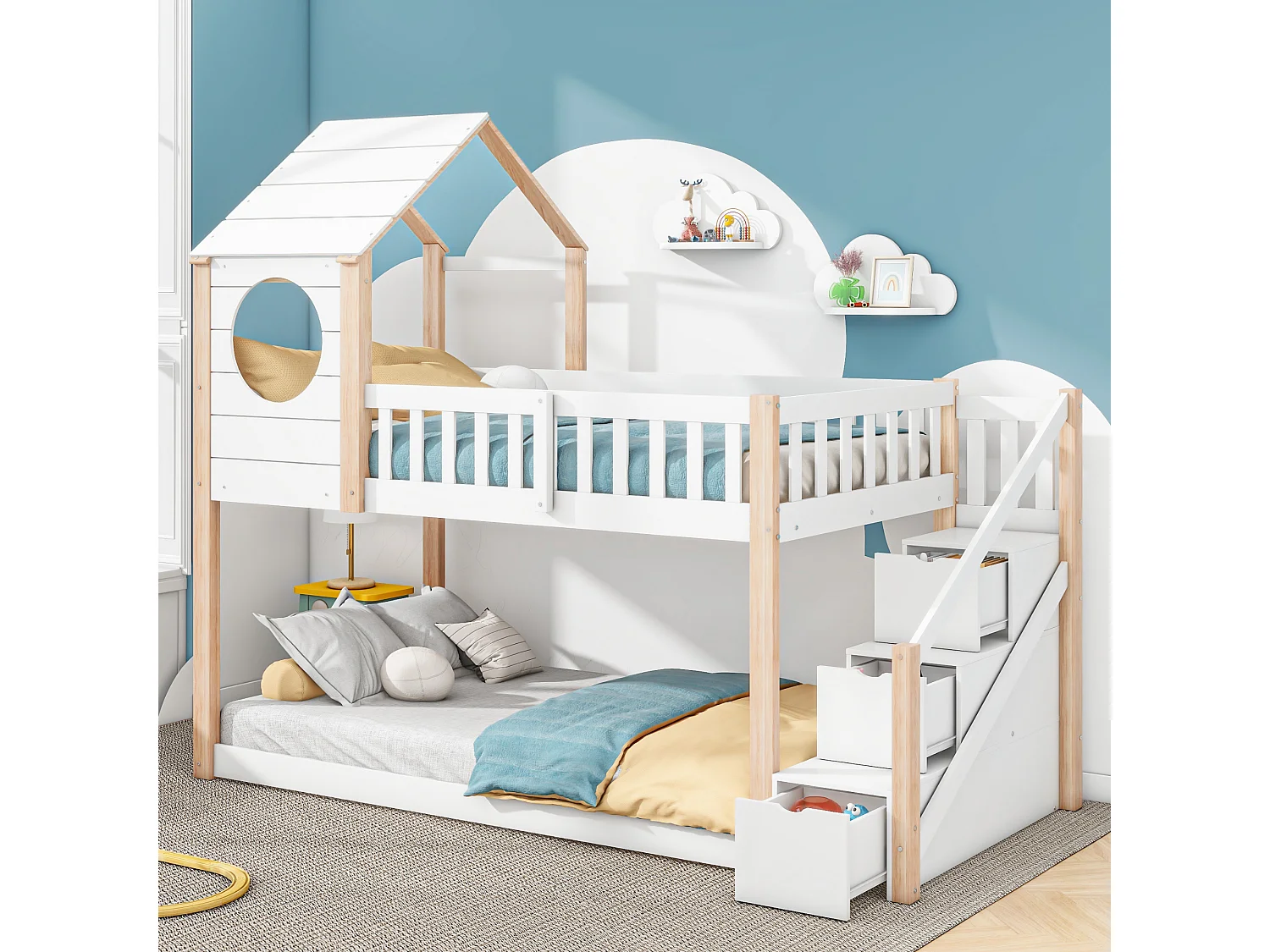 Stapelbedden 2 x 90 x 200 cm met 3 laden, cabinebed - grenenhout - lattenbodem - naturel + wit