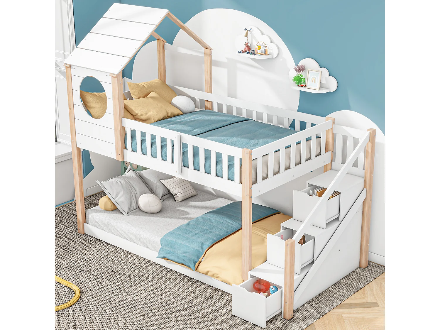 Stapelbedden 2 x 90 x 200 cm met 3 laden, cabinebed - grenenhout - lattenbodem - naturel + wit