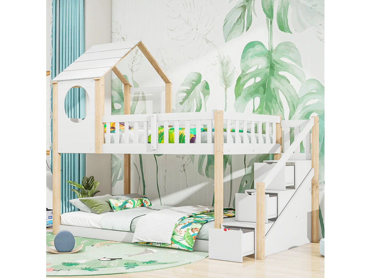 Stapelbedden 2 x 90 x 200 cm met 3 laden, cabinebed - grenenhout - lattenbodem - naturel + wit