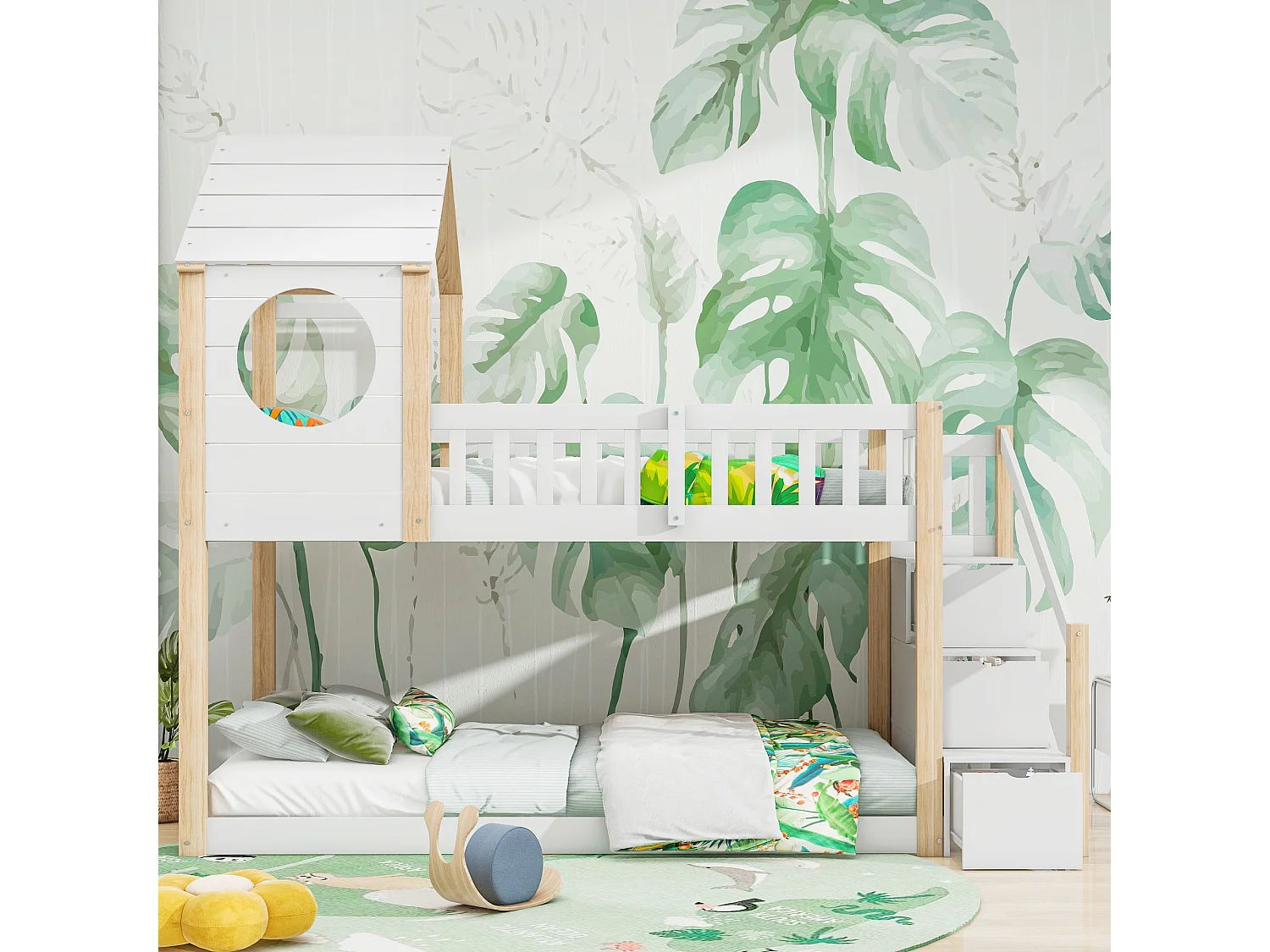 Stapelbedden 2 x 90 x 200 cm met 3 laden, cabinebed - grenenhout - lattenbodem - naturel + wit