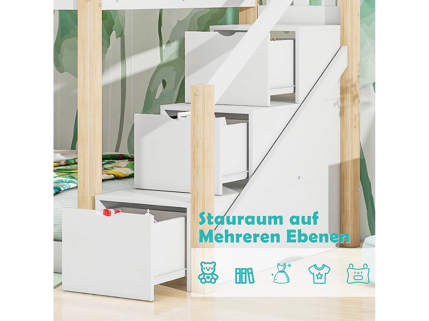 Stapelbedden 2 x 90 x 200 cm met 3 laden, cabinebed - grenenhout - lattenbodem - naturel + wit