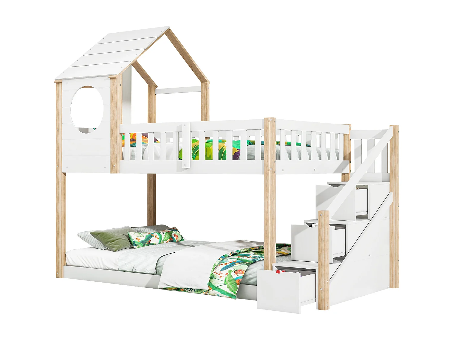 Stapelbedden 2 x 90 x 200 cm met 3 laden, cabinebed - grenenhout - lattenbodem - naturel + wit