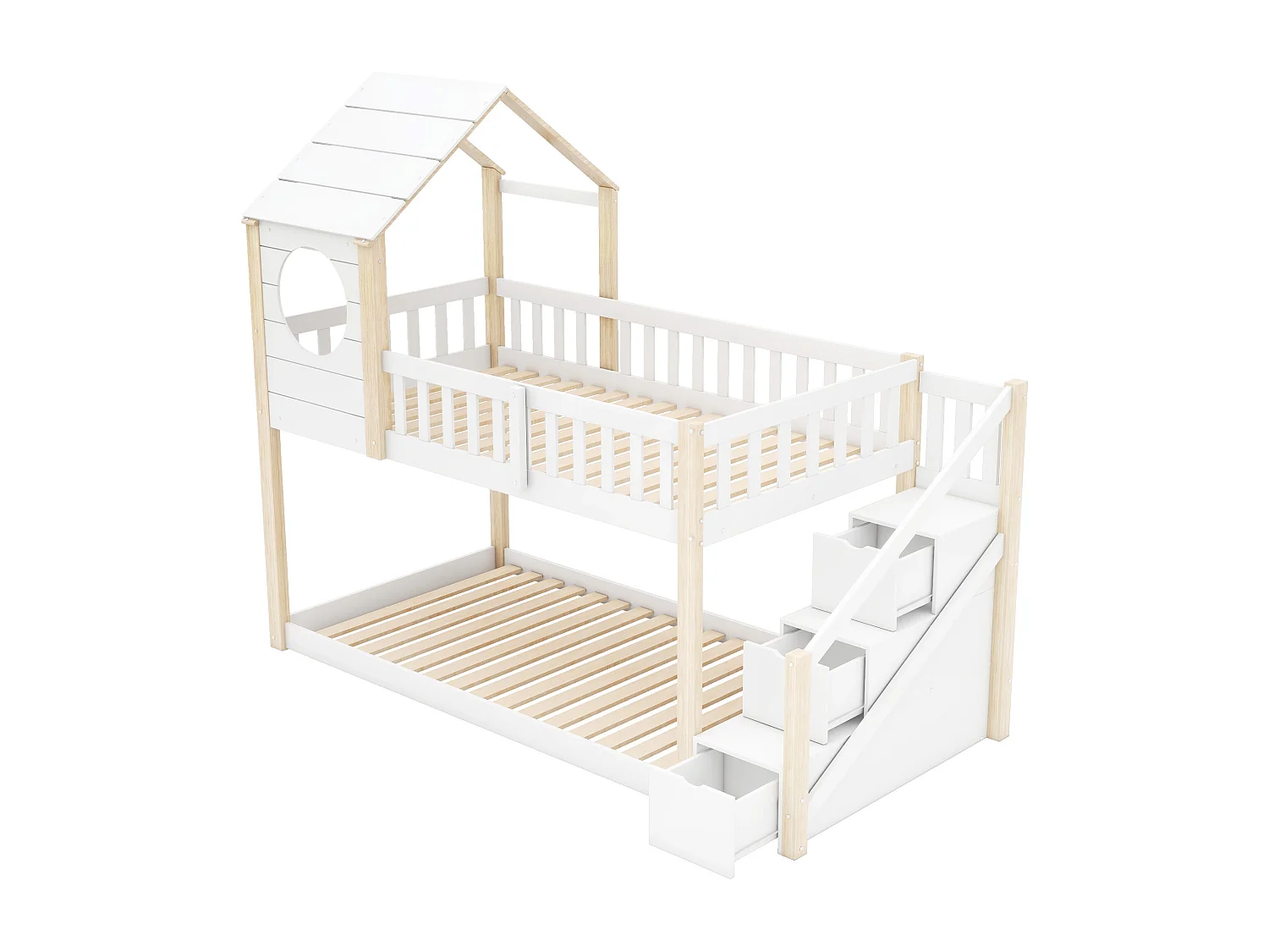 Stapelbedden 2 x 90 x 200 cm met 3 laden, cabinebed - grenenhout - lattenbodem - naturel + wit