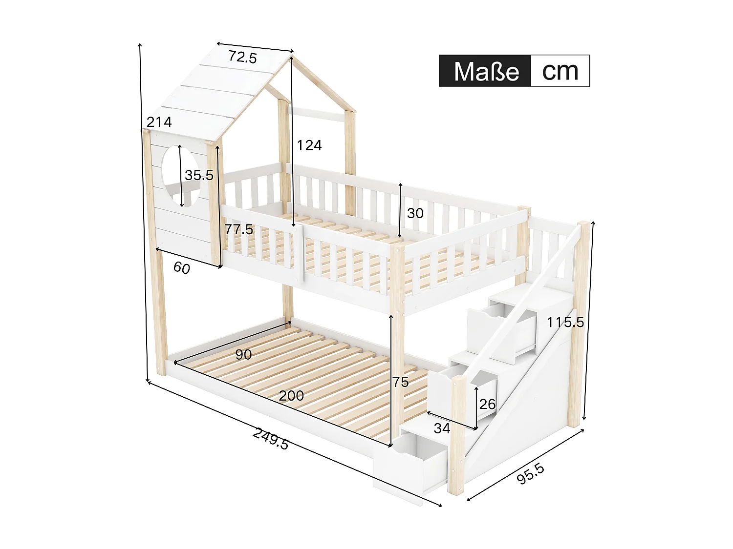 Stapelbedden 2 x 90 x 200 cm met 3 laden, cabinebed - grenenhout - lattenbodem - naturel + wit