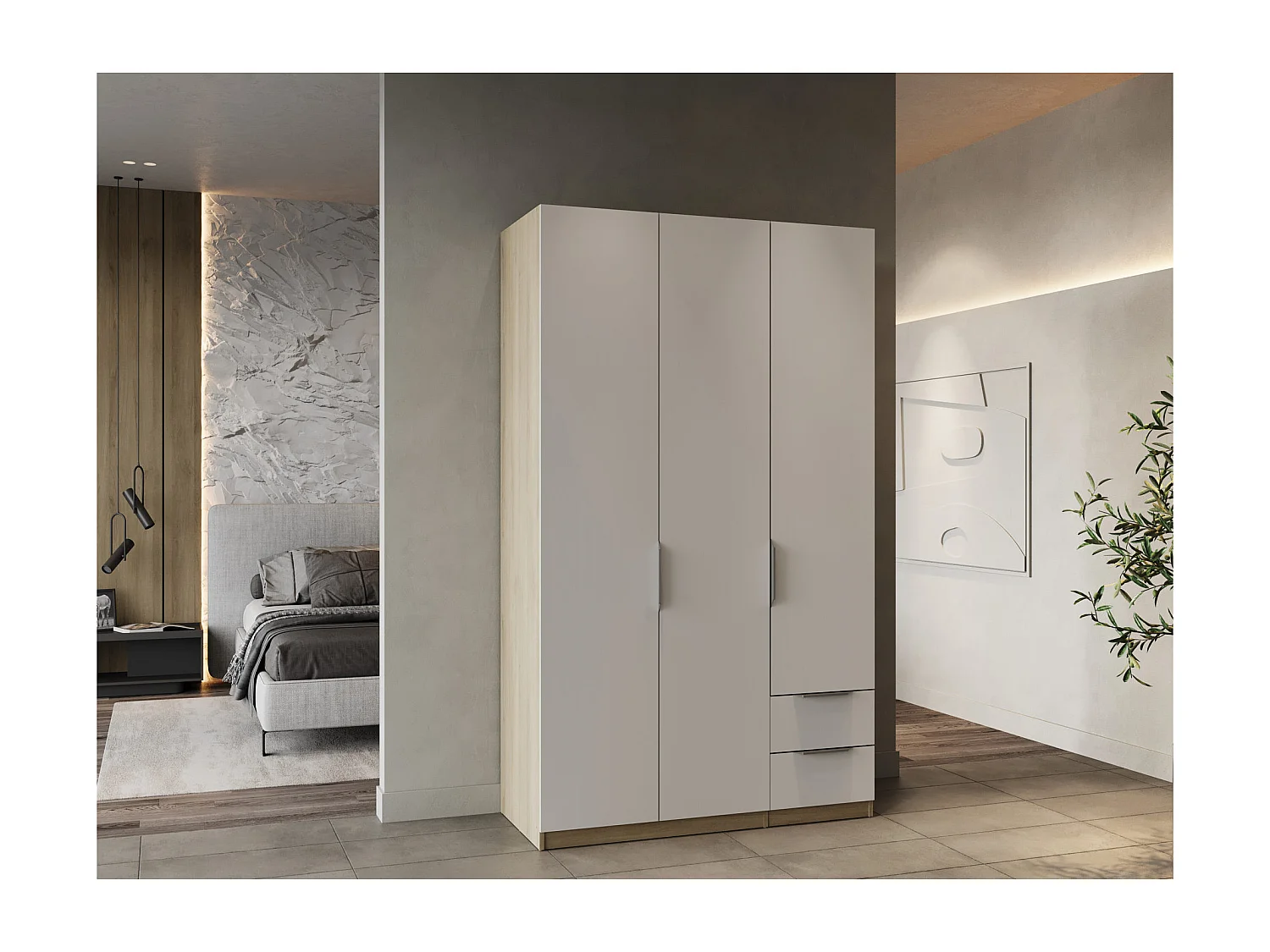 Roupeiro AMBIHOME SHADE 09 - Branco/Carvalho, C119xP51xA203cm