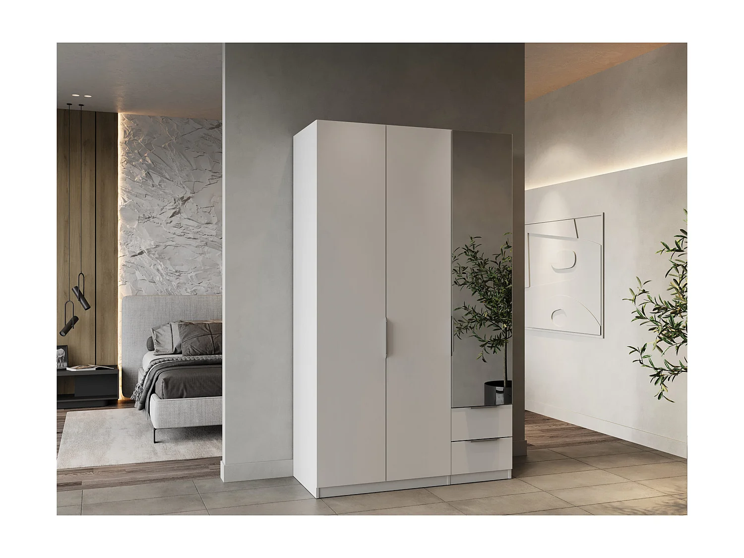 Armadio 3 porte, 2 cassetti e 1 specchio Ghost - L119,4 cm