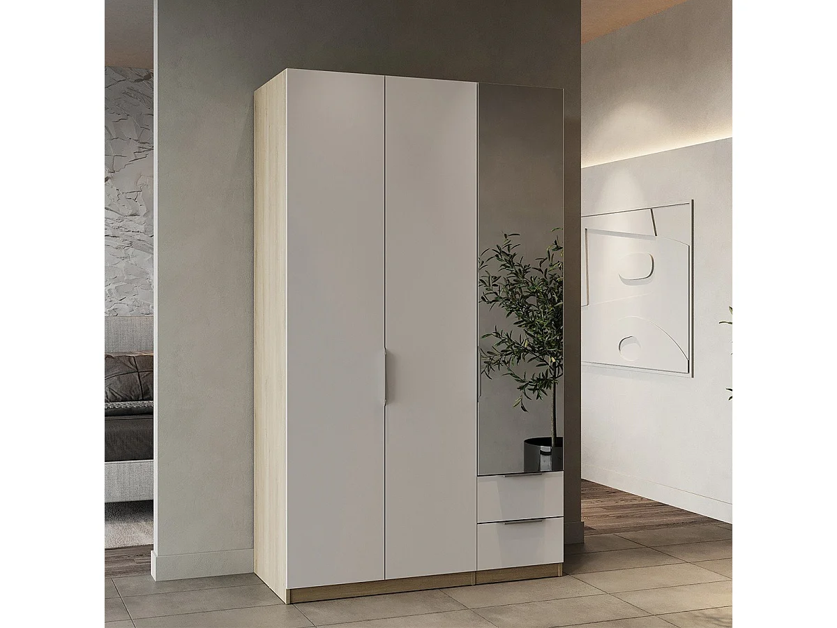 Armoire 3 portes, 2 tiroirs et 1 miroir Ghost - L119,4 cm