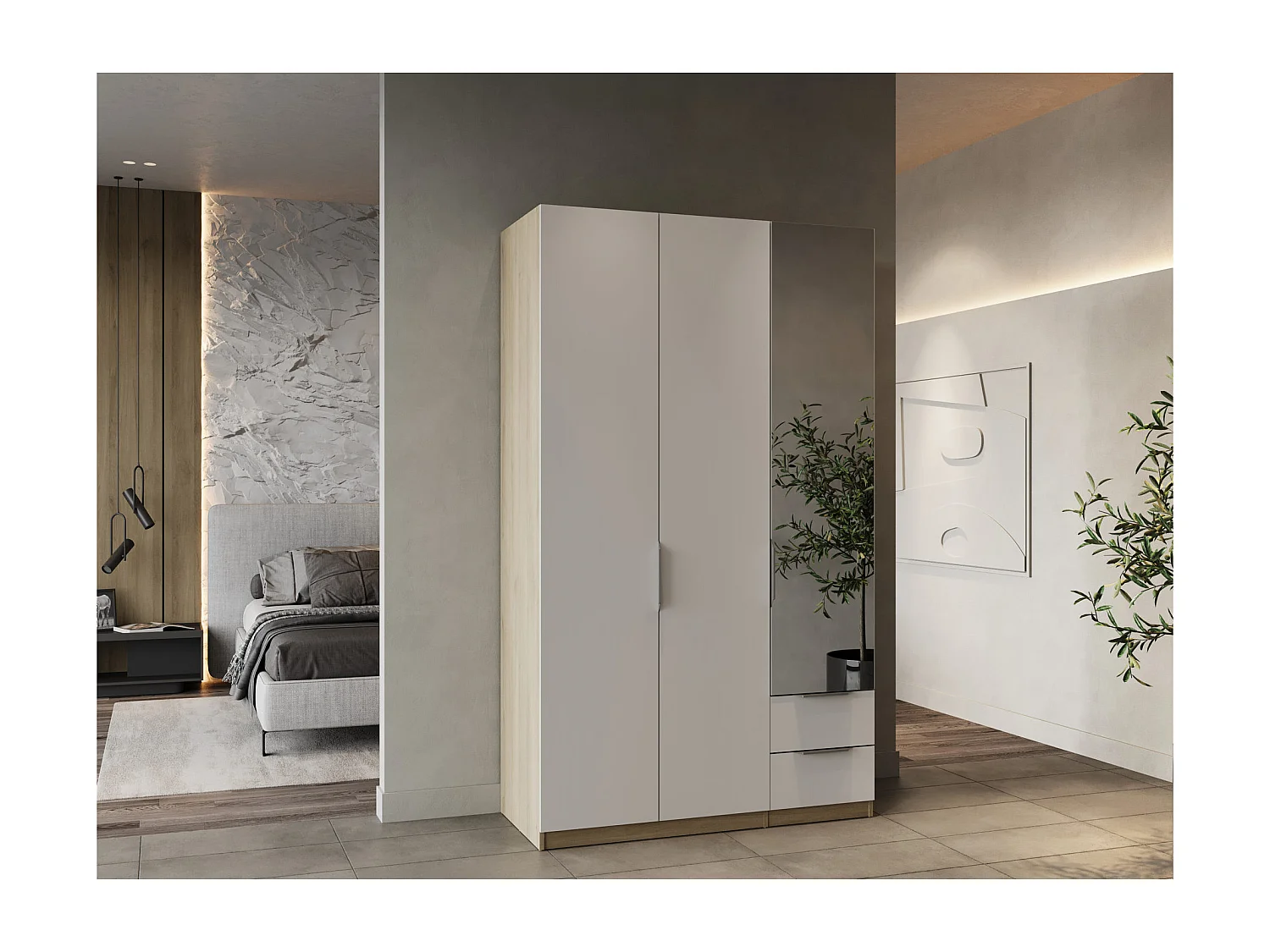 Armoire 3 portes, 2 tiroirs et 1 miroir Ghost - L119,4 cm