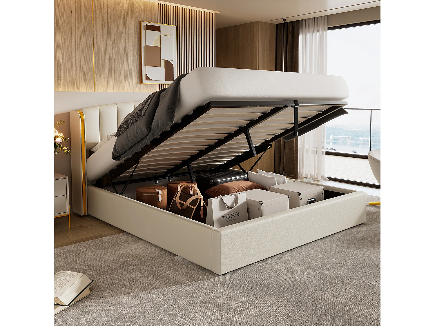 Lit coffre 180 x 200 cm avec tête de lit - Cuir PU - Motif à rayures verticales - Coloris blanc