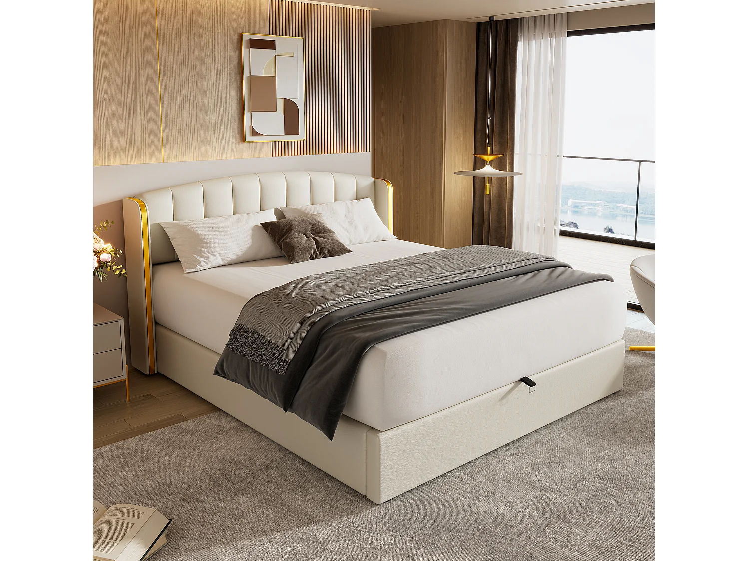 Lit coffre 180 x 200 cm avec tête de lit - Cuir PU - Motif à rayures verticales - Coloris blanc