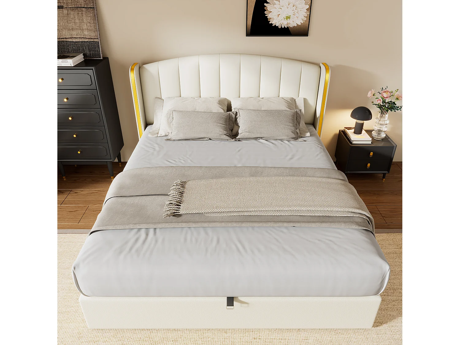 Lit coffre 180 x 200 cm avec tête de lit - Cuir PU - Motif à rayures verticales - Coloris blanc