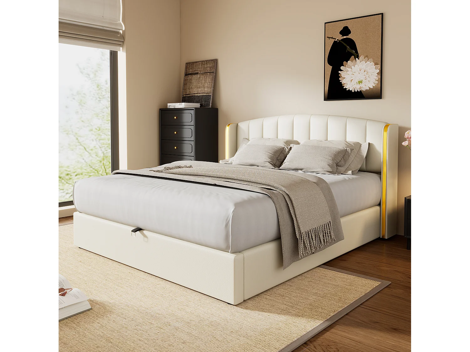 Lit coffre 180 x 200 cm avec tête de lit - Cuir PU - Motif à rayures verticales - Coloris blanc