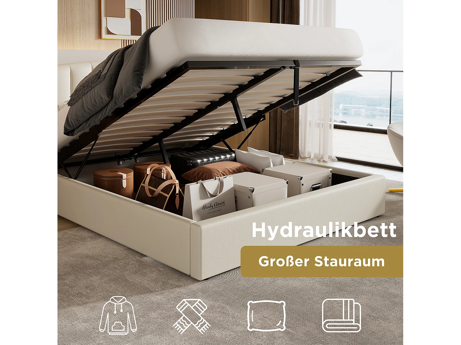 Lit coffre 180 x 200 cm avec tête de lit - Cuir PU - Motif à rayures verticales - Coloris blanc