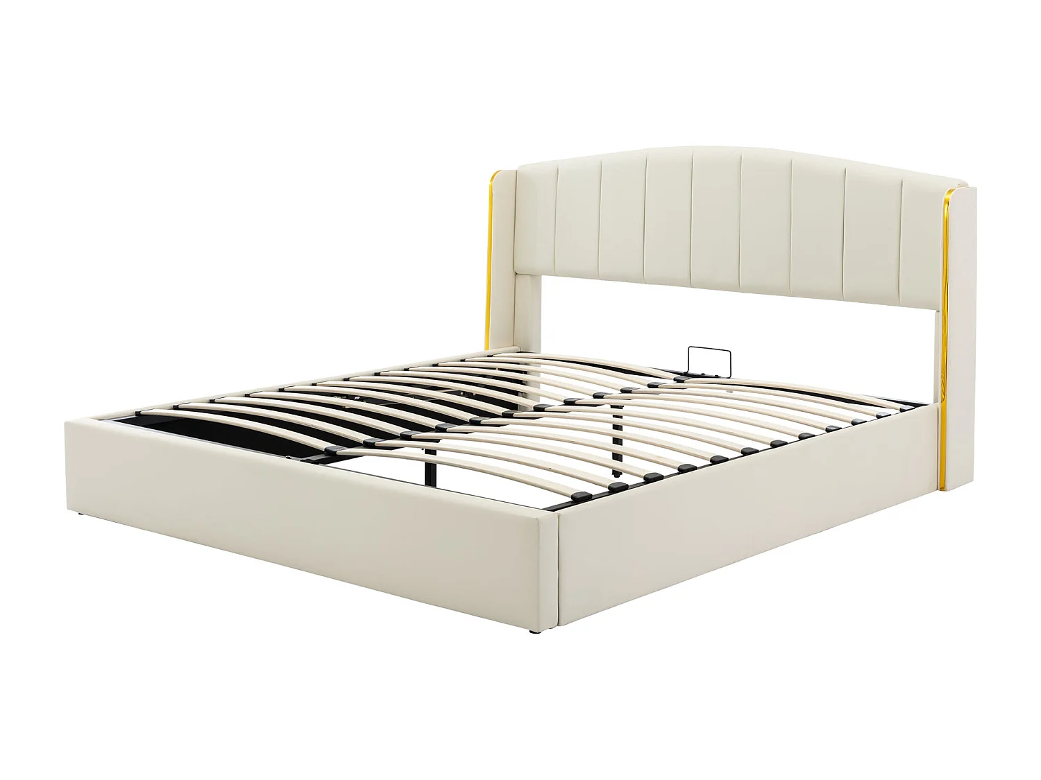 Lit coffre 180 x 200 cm avec tête de lit - Cuir PU - Motif à rayures verticales - Coloris blanc