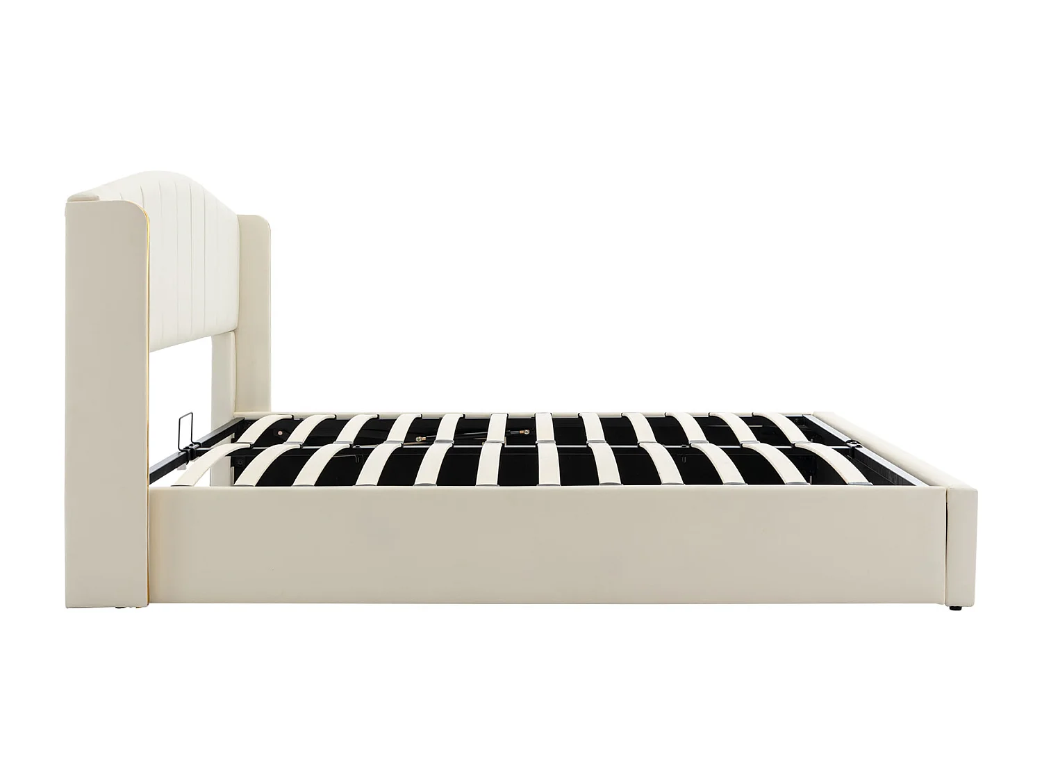 Lit coffre 180 x 200 cm avec tête de lit - Cuir PU - Motif à rayures verticales - Coloris blanc