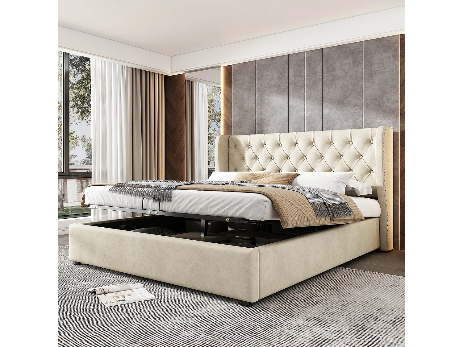 Lit coffre 140 x 190 cm avec tête de lit - velours - forme d'oreille - sommier à lattes - beige