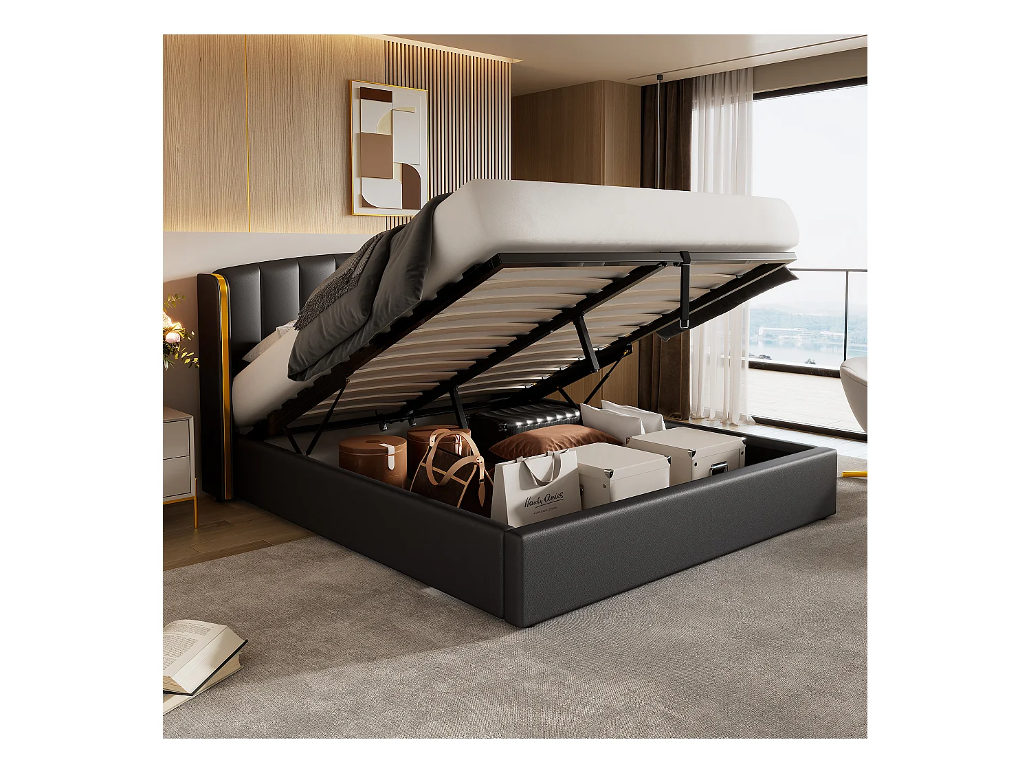 Opbergbed 180 x 200 cm met hoofdeinde - PU-leer - Verticaal gestreept patroon - Kleur zwart