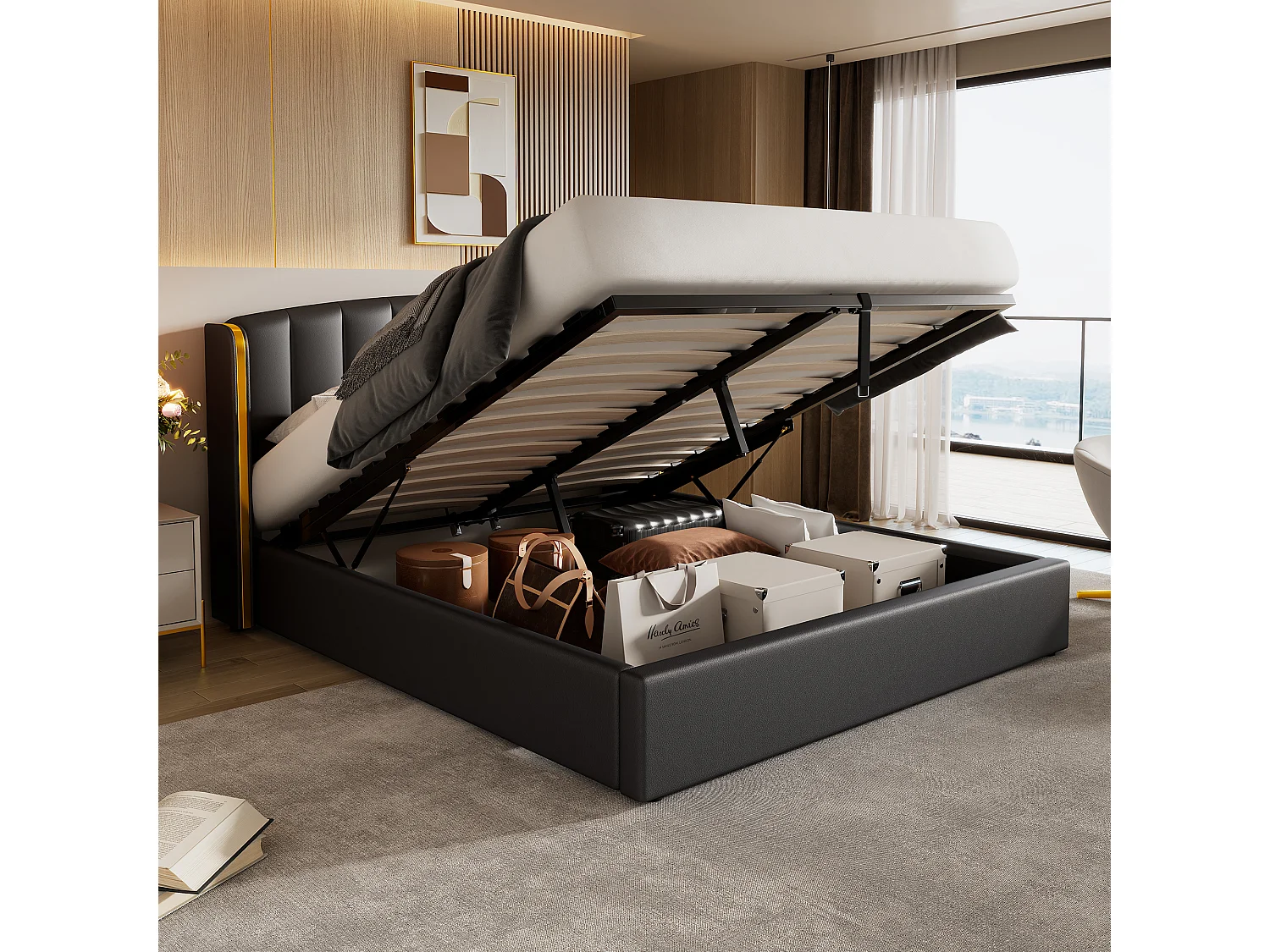 Opbergbed 180 x 200 cm met hoofdeinde - PU-leer - Verticaal gestreept patroon - Kleur zwart