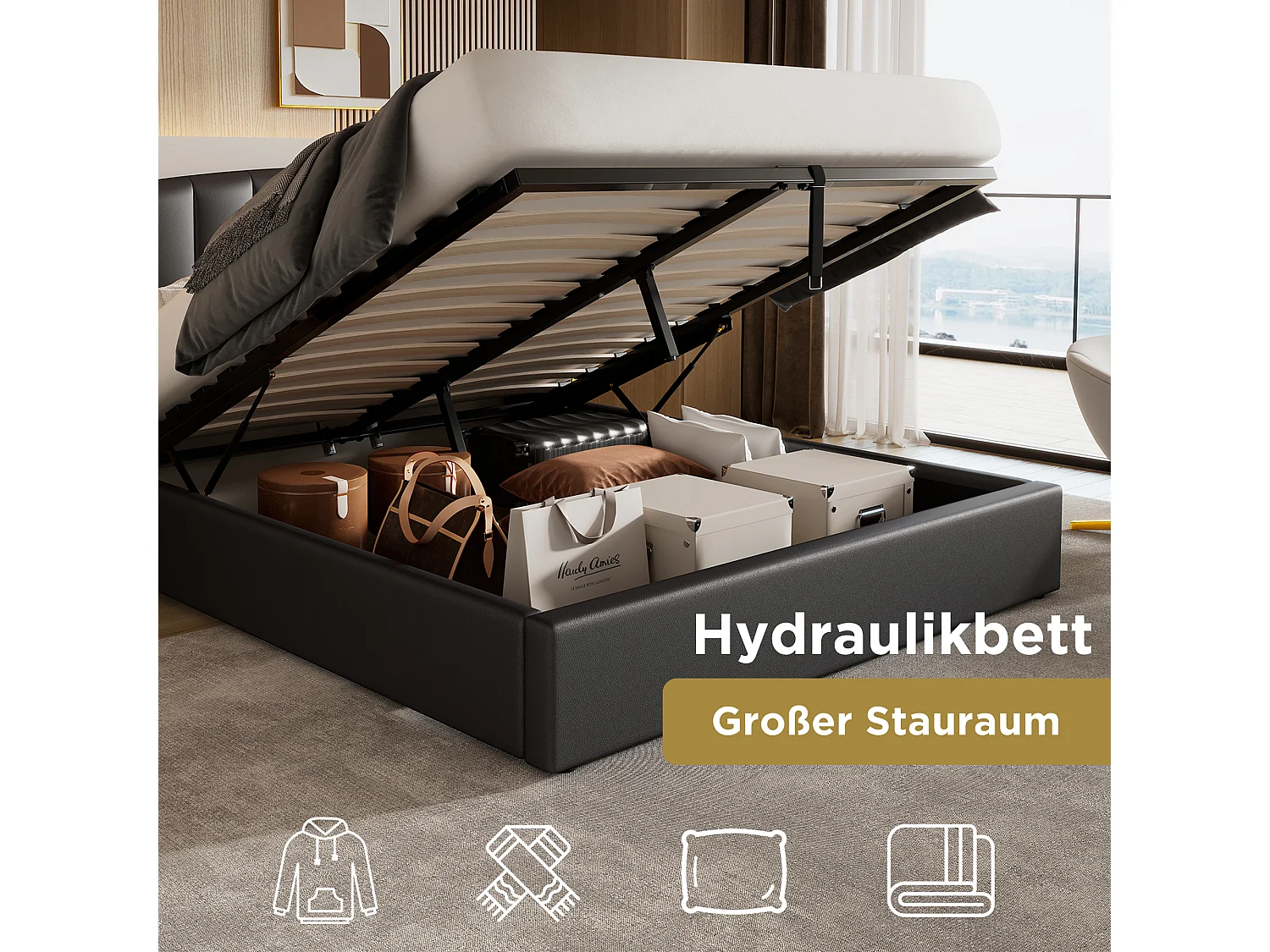 Opbergbed 180 x 200 cm met hoofdeinde - PU-leer - Verticaal gestreept patroon - Kleur zwart