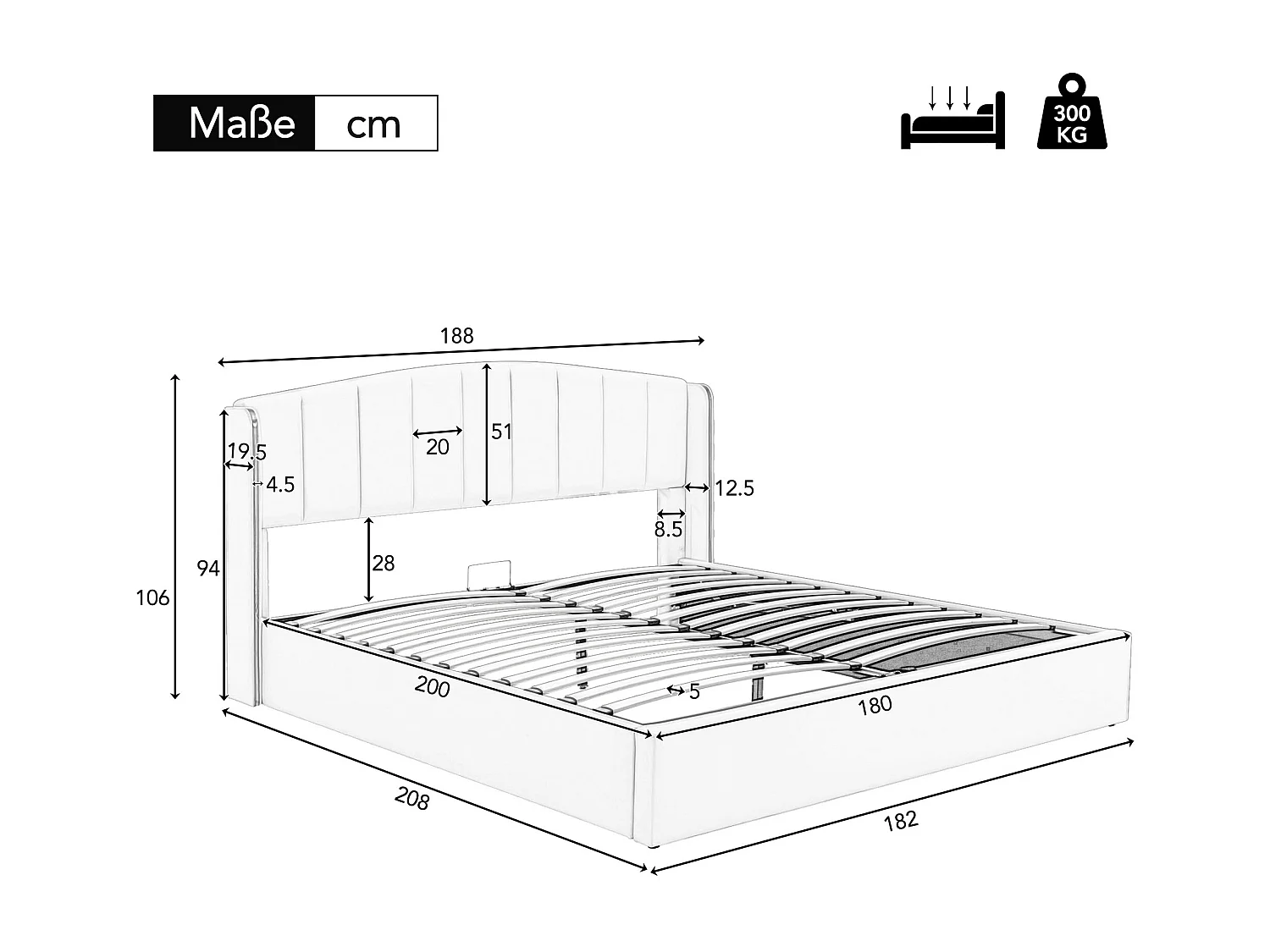 Opbergbed 180 x 200 cm met hoofdeinde - PU-leer - Verticaal gestreept patroon - Kleur zwart