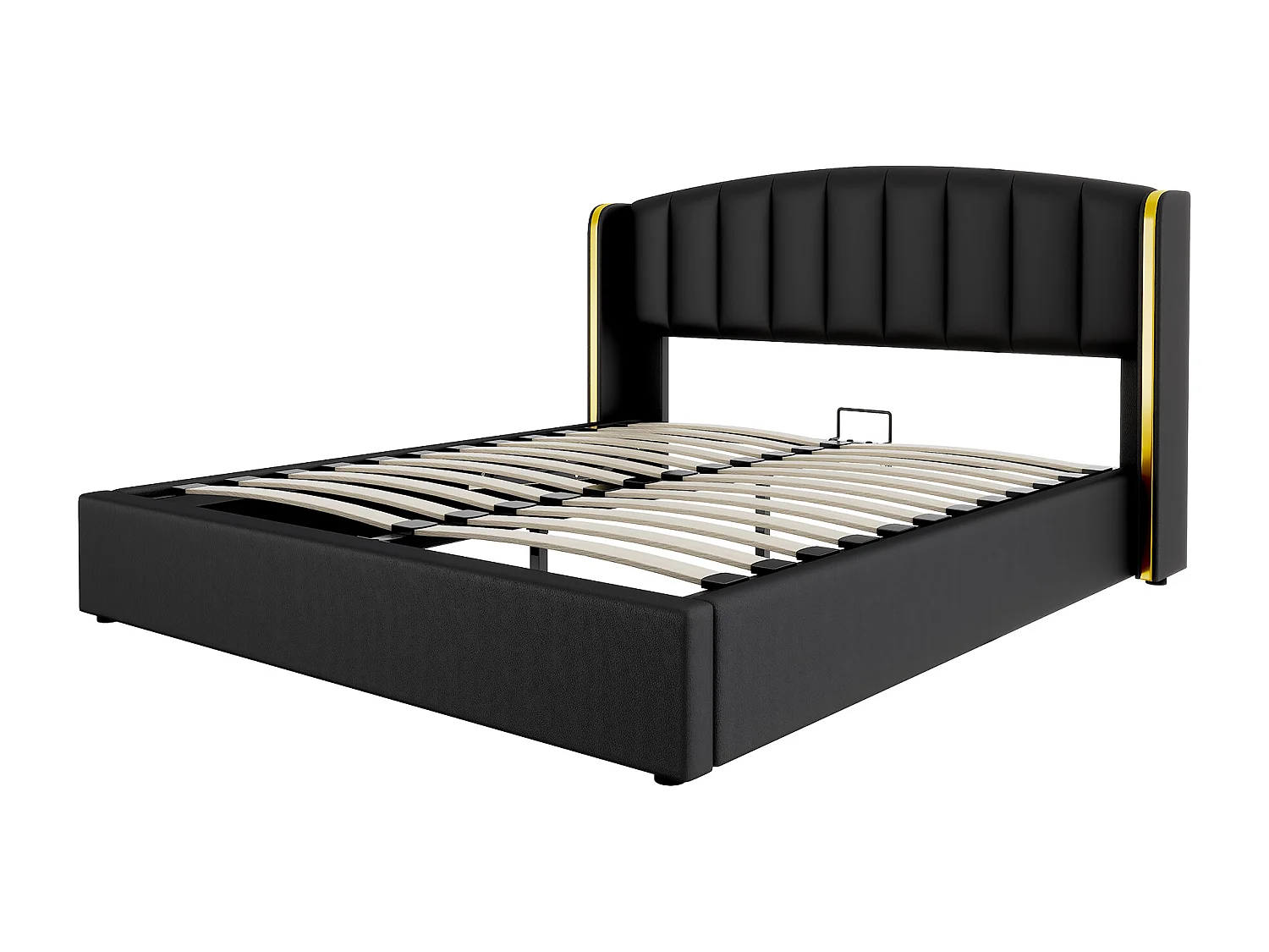 Opbergbed 180 x 200 cm met hoofdeinde - PU-leer - Verticaal gestreept patroon - Kleur zwart