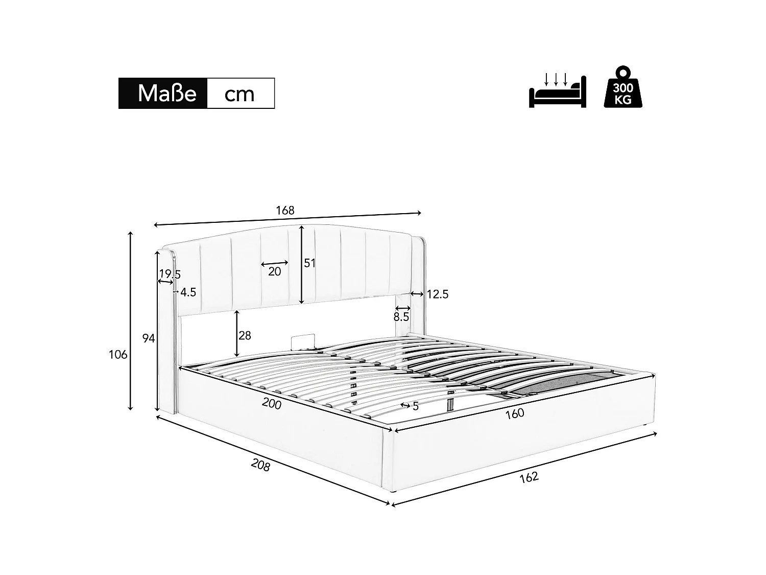Lit coffre 160 x 200 cm avec tête de lit - Cuir PU - Motif à rayures verticales - Coloris noir