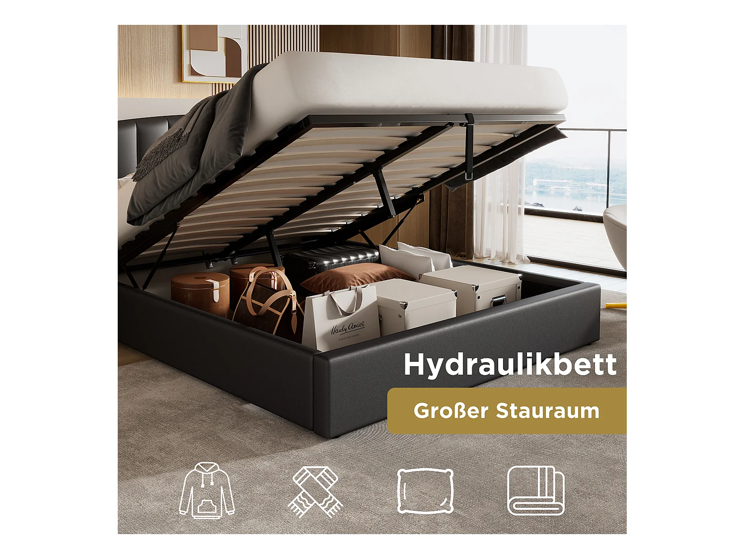 Lit coffre 160 x 200 cm avec tête de lit - Cuir PU - Motif à rayures verticales - Coloris noir