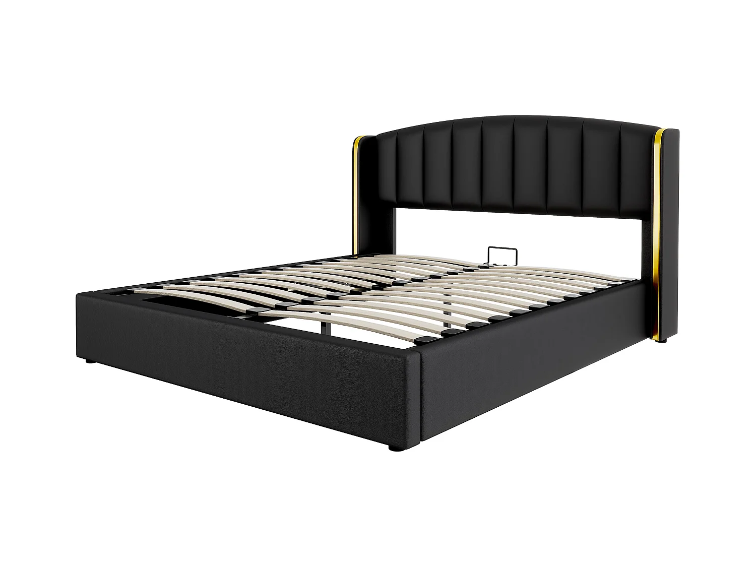 Lit coffre 160 x 200 cm avec tête de lit - Cuir PU - Motif à rayures verticales - Coloris noir