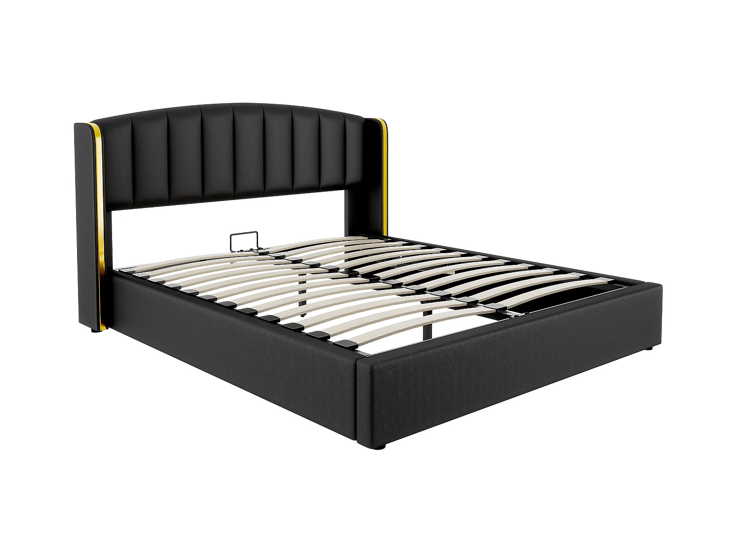 Lit coffre 160 x 200 cm avec tête de lit - Cuir PU - Motif à rayures verticales - Coloris noir