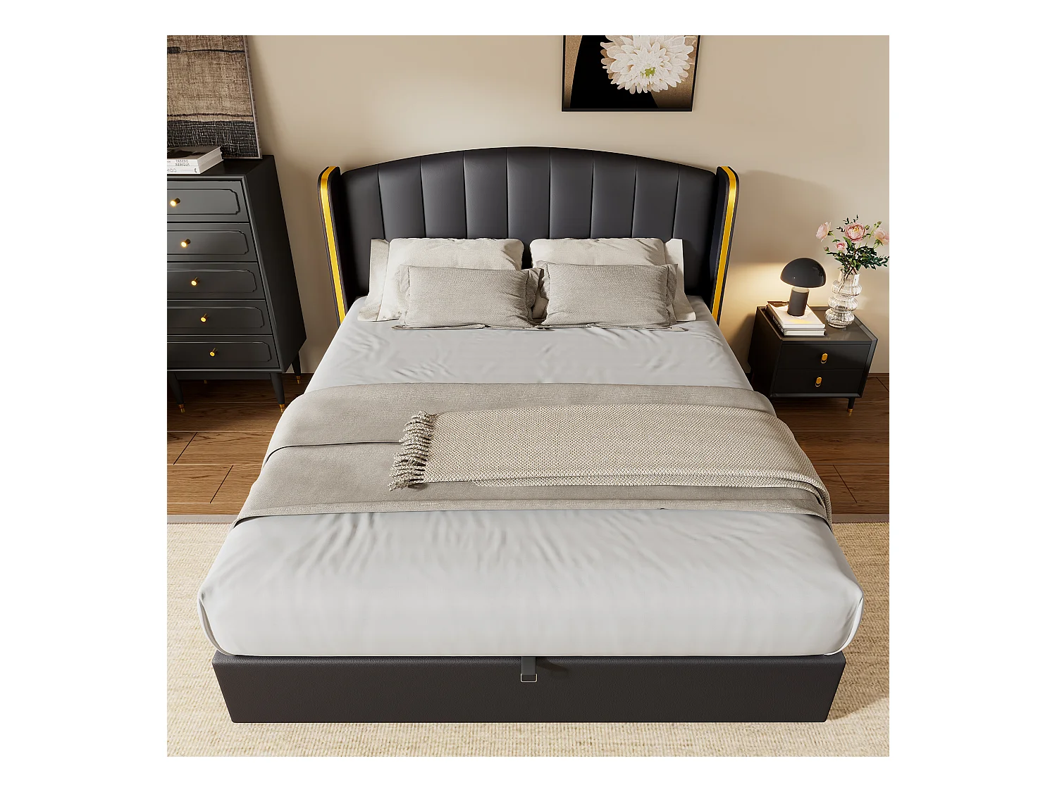 Lit coffre 160 x 200 cm avec tête de lit - Cuir PU - Motif à rayures verticales - Coloris noir