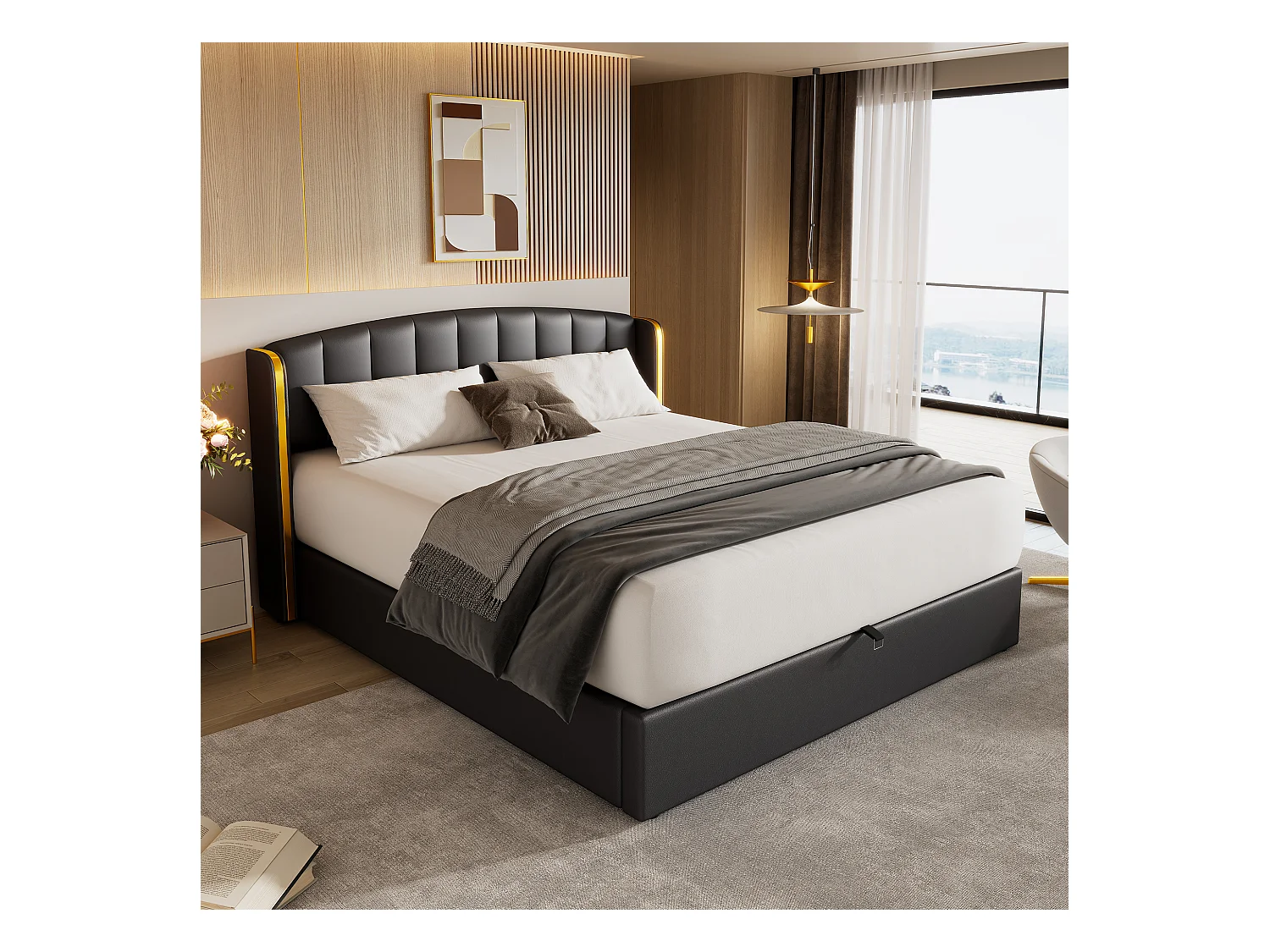 Lit coffre 160 x 200 cm avec tête de lit - Cuir PU - Motif à rayures verticales - Coloris noir
