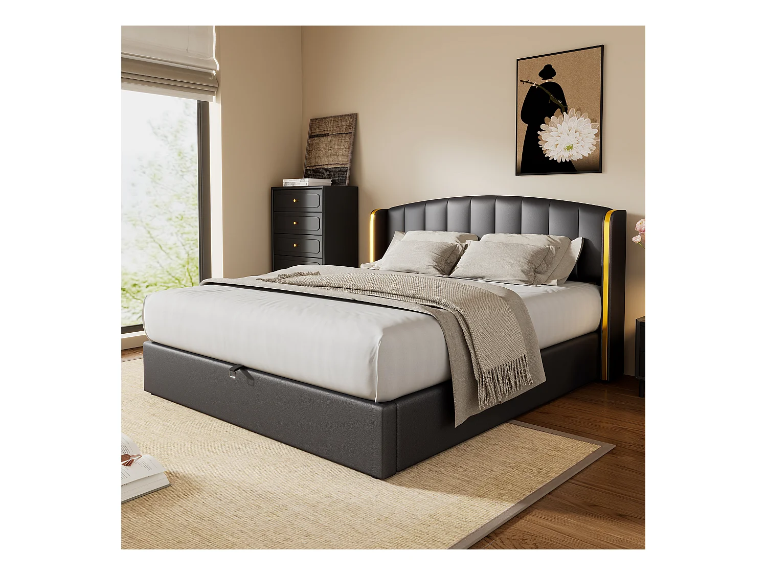 Lit coffre 160 x 200 cm avec tête de lit - Cuir PU - Motif à rayures verticales - Coloris noir