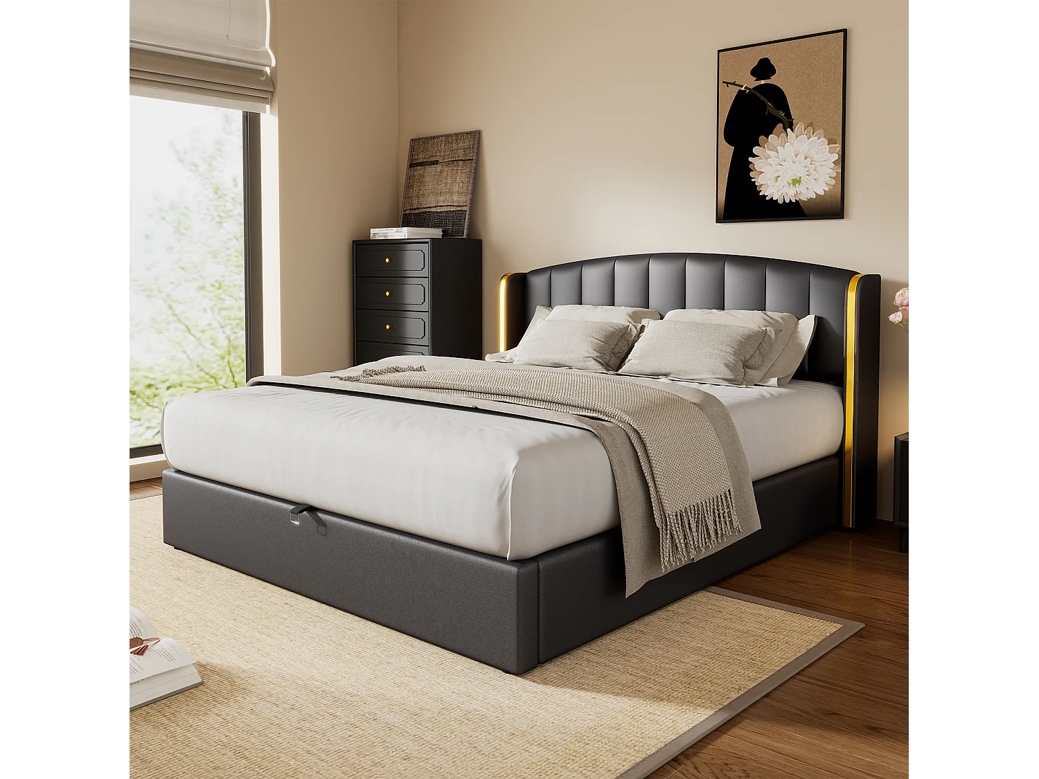 Opbergbed 160 x 200 cm met hoofdeinde - PU-leer - Verticaal gestreept patroon - Kleur zwart