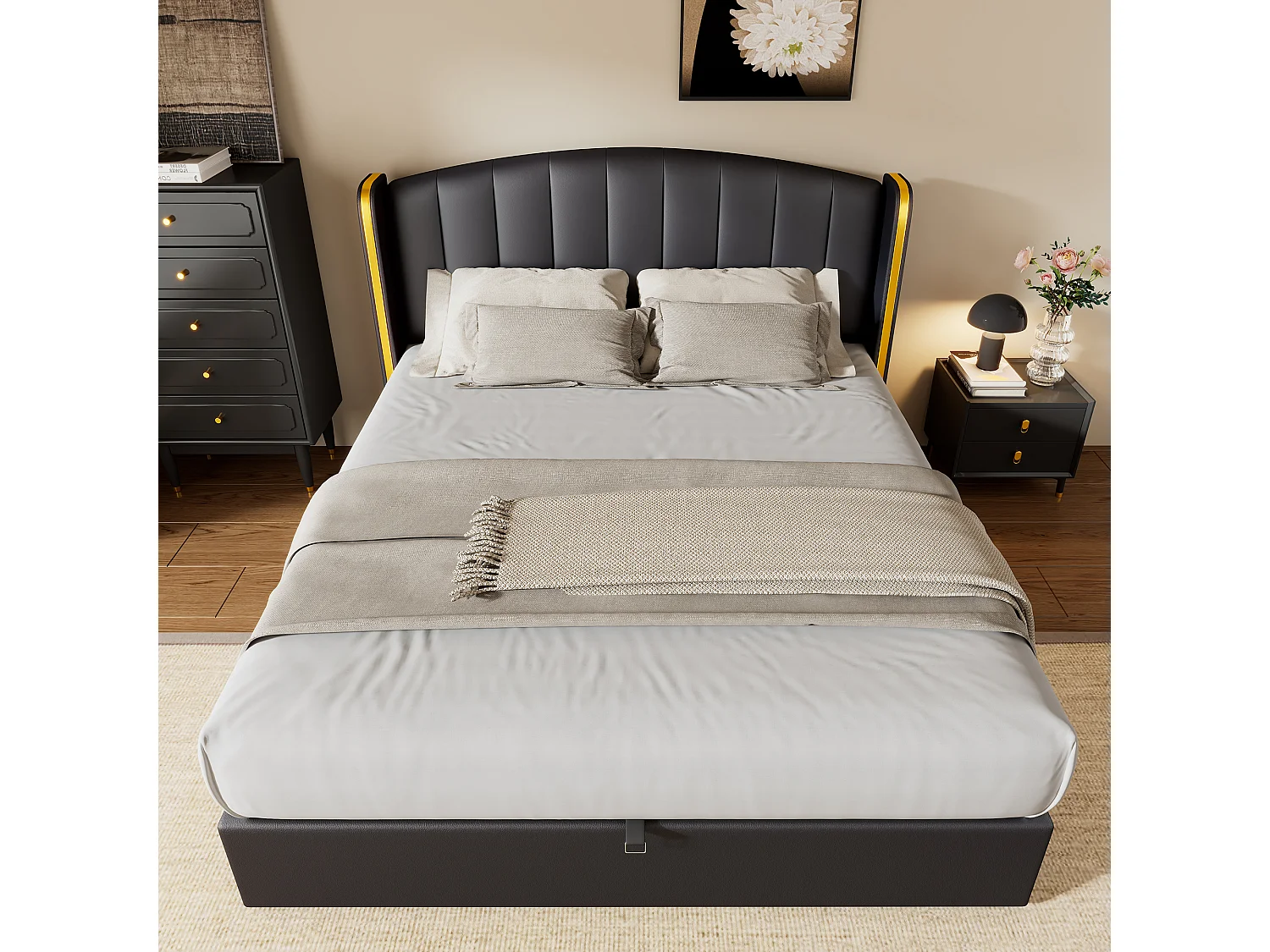 Opbergbed 160 x 200 cm met hoofdeinde - PU-leer - Verticaal gestreept patroon - Kleur zwart