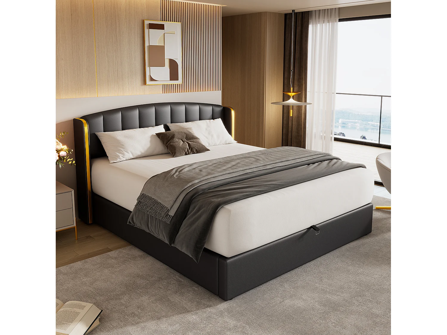 Opbergbed 160 x 200 cm met hoofdeinde - PU-leer - Verticaal gestreept patroon - Kleur zwart